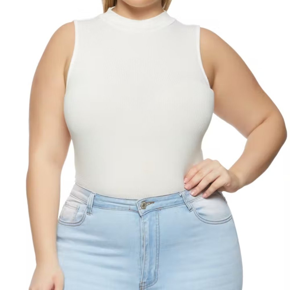 Plus Size Solid Mock Neck Bodysuit - White